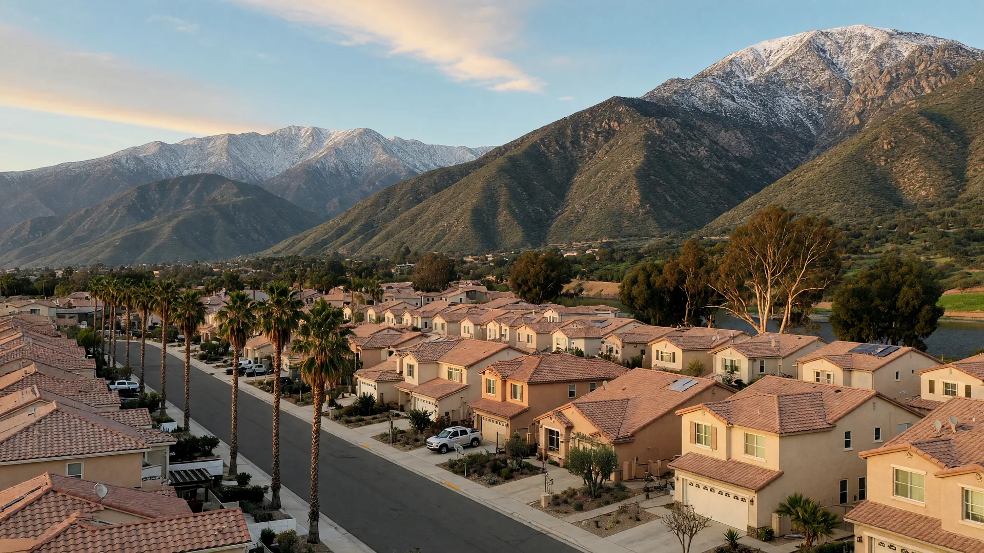 Master-planned Beaumont homes with tile roofs and palm trees beneath the snow-dusted San Jacinto and San Bernardino mountains at golden hour