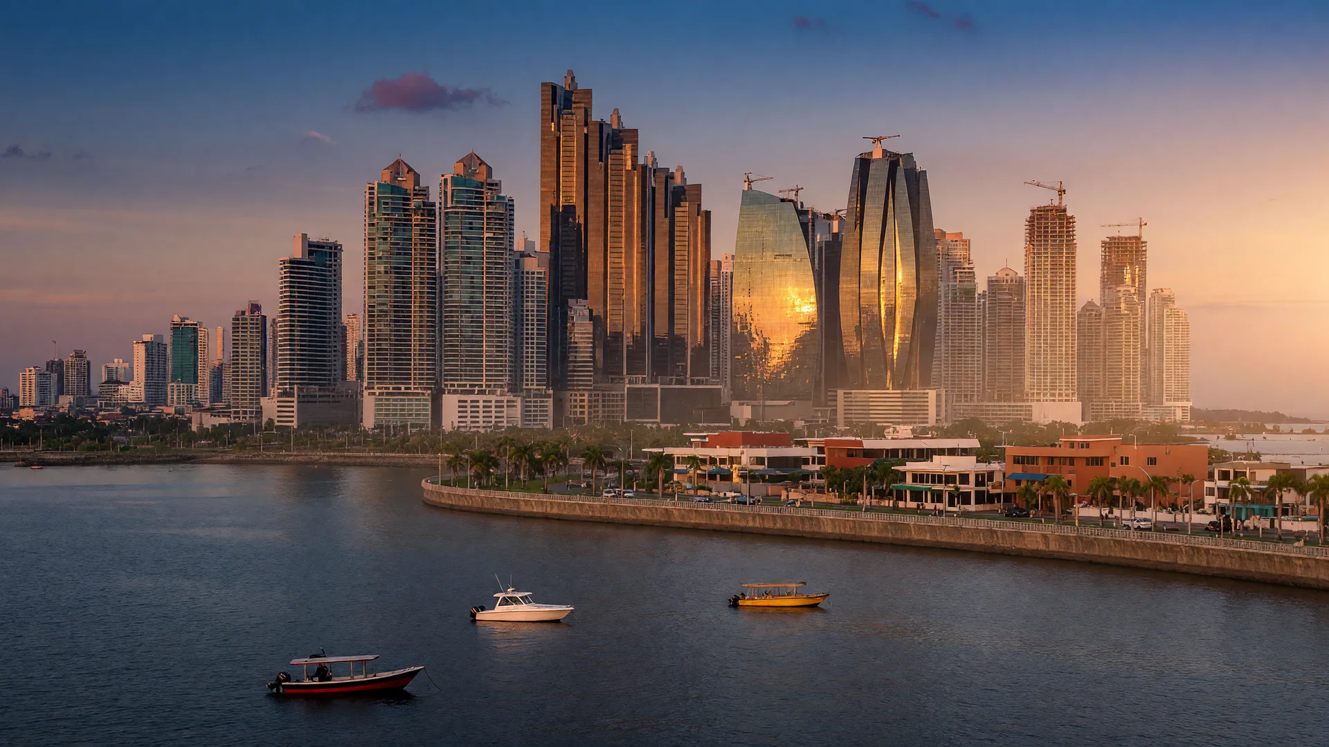 Panama City financial district skyline at golden hour viewed across the bay