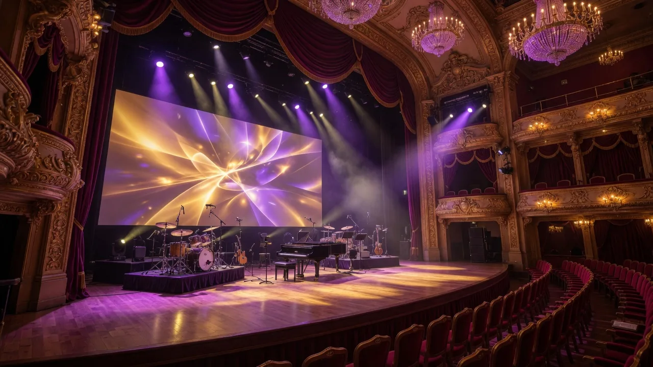 A grand casino theater stage lit in purple and gold with glowing screens and empty red seats before a tribute concert