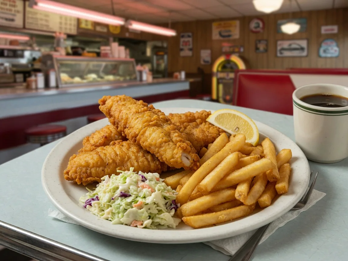 A classic Friday fish fry platter with fried fish, fries, coleslaw, and a lemon wedge at a diner table