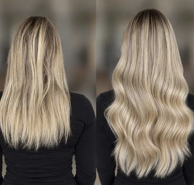 Hair extension transformation: shorter, thinner hair before on the left, longer fuller hair after on the right