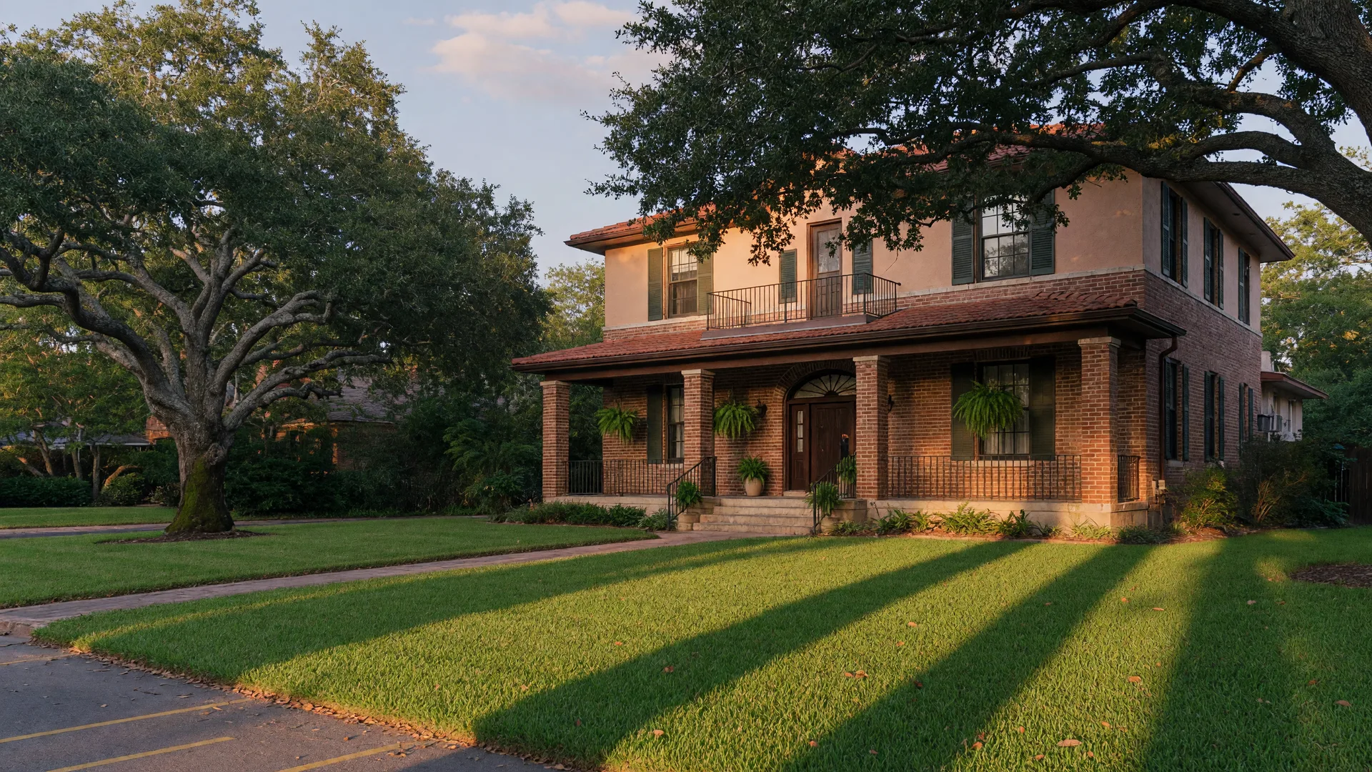A 1930s brick and stucco home in Alamo Heights with an arched front entry, a deep covered porch, and mature live oaks at late afternoon, the kind of classic house a home inspector in Alamo Heights, San Antonio inspects