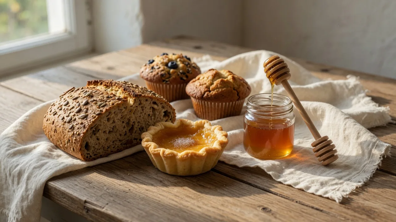 Fresh gluten-free loaves, golden butter tarts and muffins arranged with a jar of honey on a rustic farmhouse table in warm morning light
