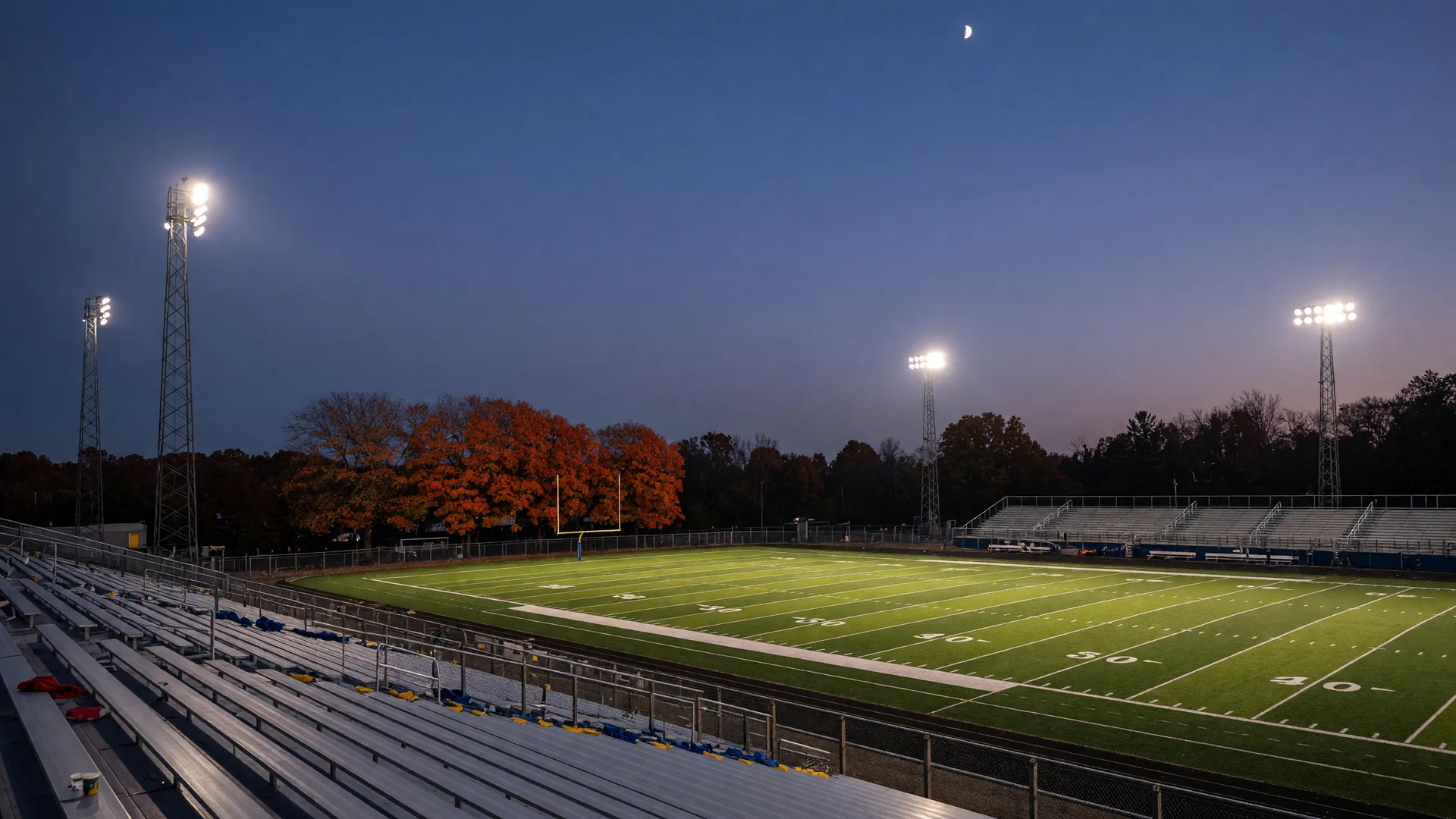 A small-town Pennsylvania high school football stadium at dusk in early October, four light towers glowing against a deep blue sky, the field lit like a stage, autumn maples in orange and red beyond the end zone, a thin crescent moon above