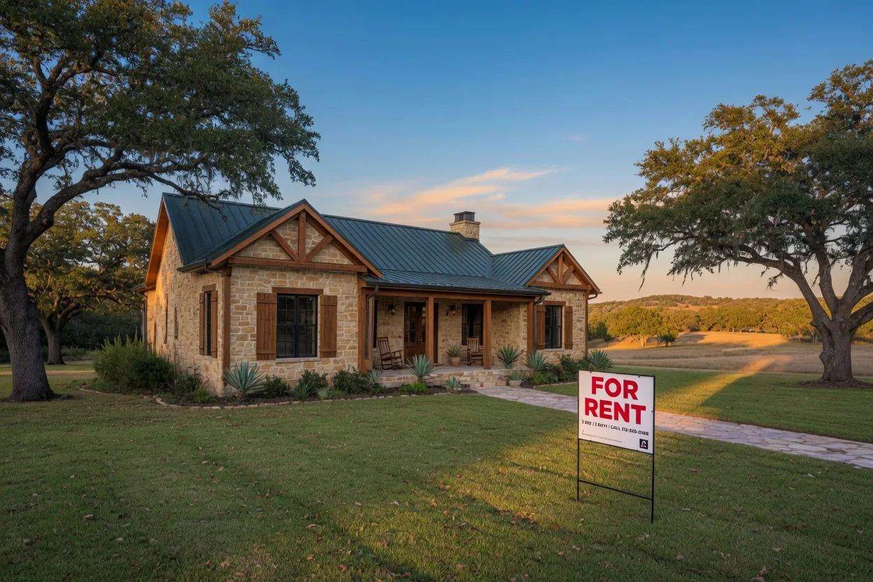 A Texas Hill Country home with a For Rent sign in the front yard at golden hour