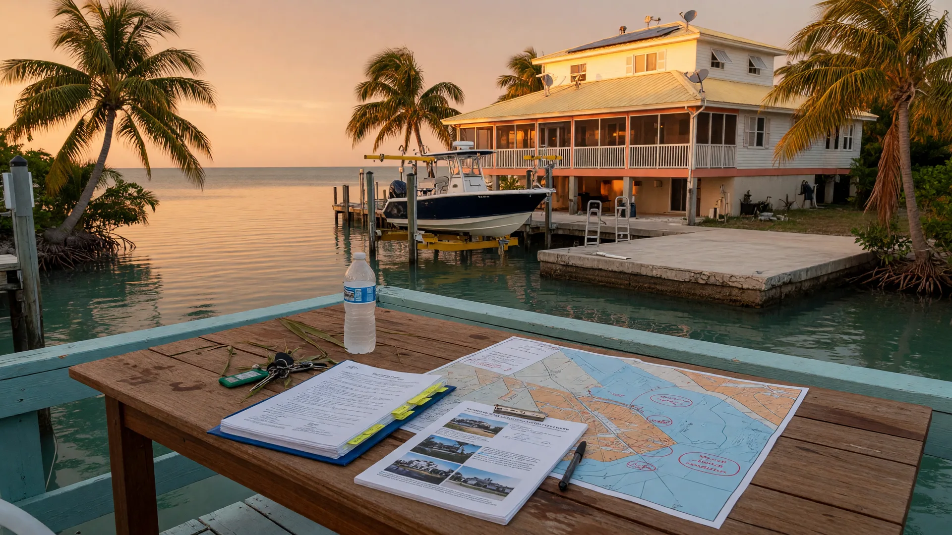 A real estate contract, survey map, and inspection report spread across a warm teak table beside a deep-water canal in the Florida Keys, a luxury elevated metal-roofed waterfront home and private dock with a boat lift glowing in golden-hour light