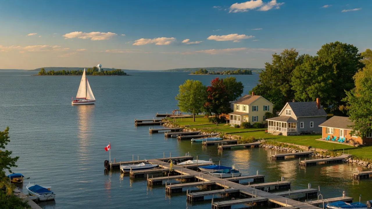 Lake Erie shoreline in Ottawa County with marina and lakefront homes on a summer afternoon