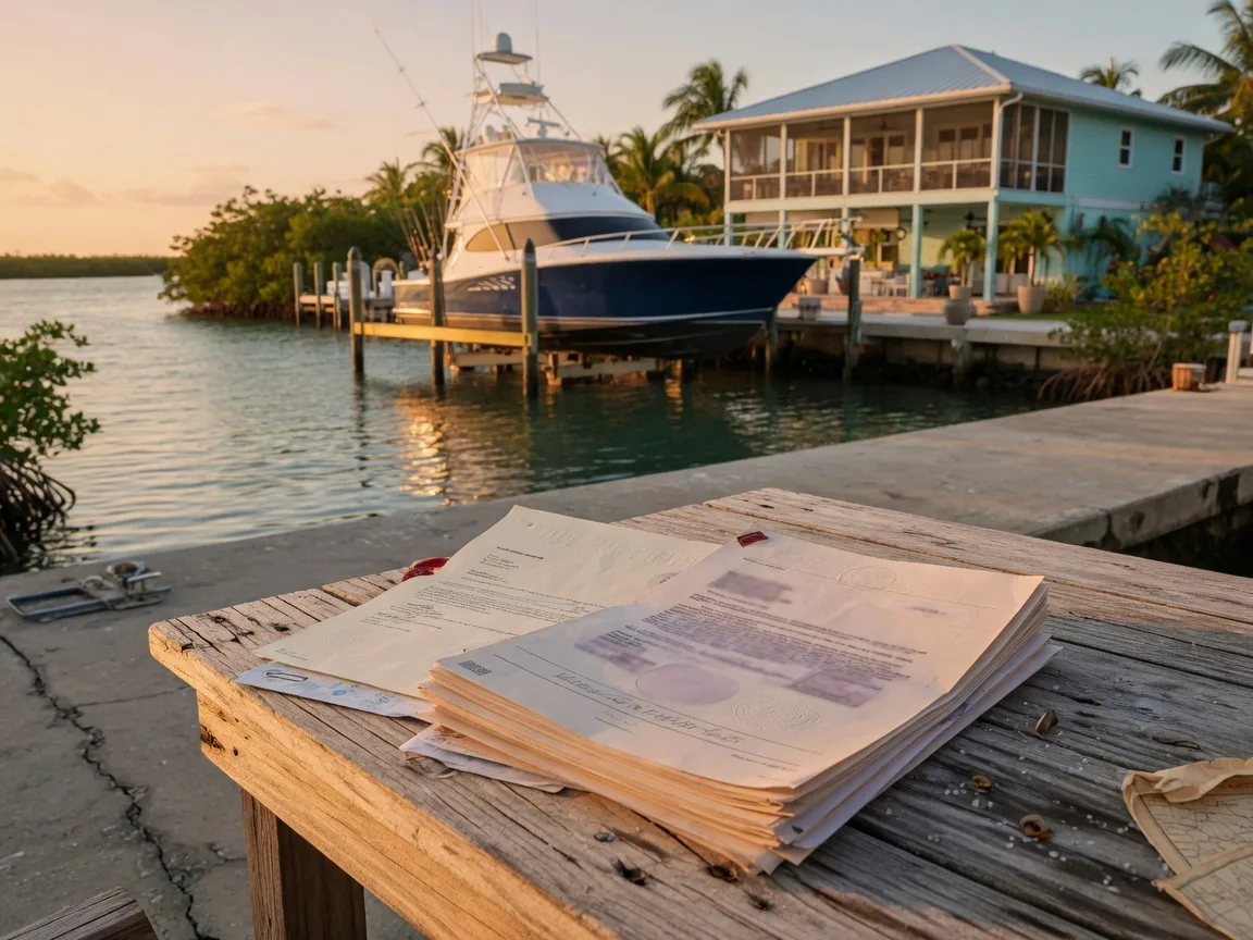 A neat stack of proof-of-funds documents and a bank letter on a weathered teak dock table in the Florida Keys at golden hour, a luxury elevated metal-roofed waterfront home and a private dock with a boat lift and sportfishing yacht softly blurred beyond on a deep-water canal