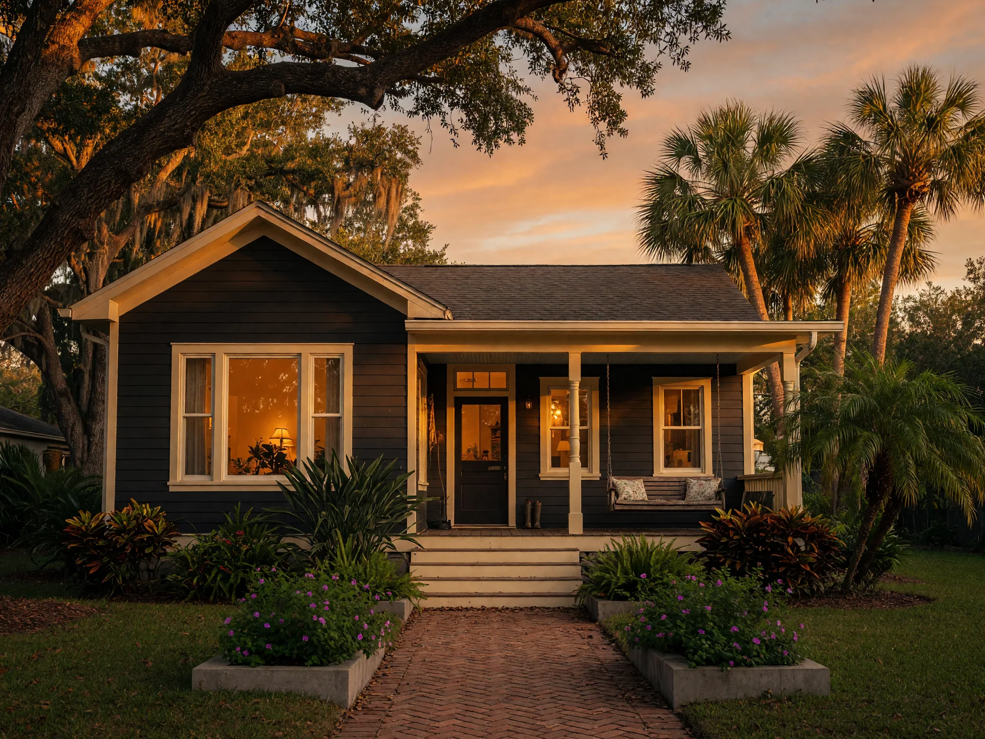 A long-loved Florida family home with warm golden window light at dusk and a porch swing