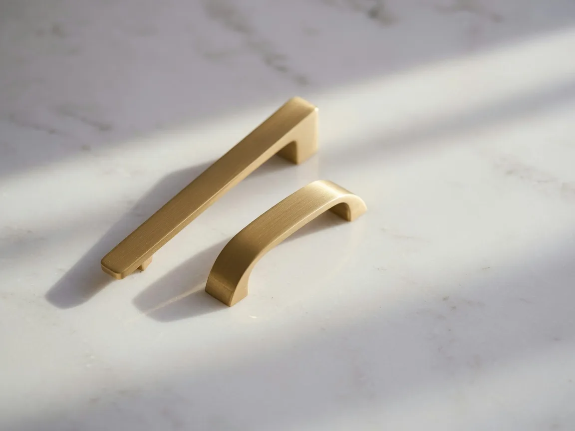 Brushed brass hardware on white marble, a detail of quality in a well-kept home