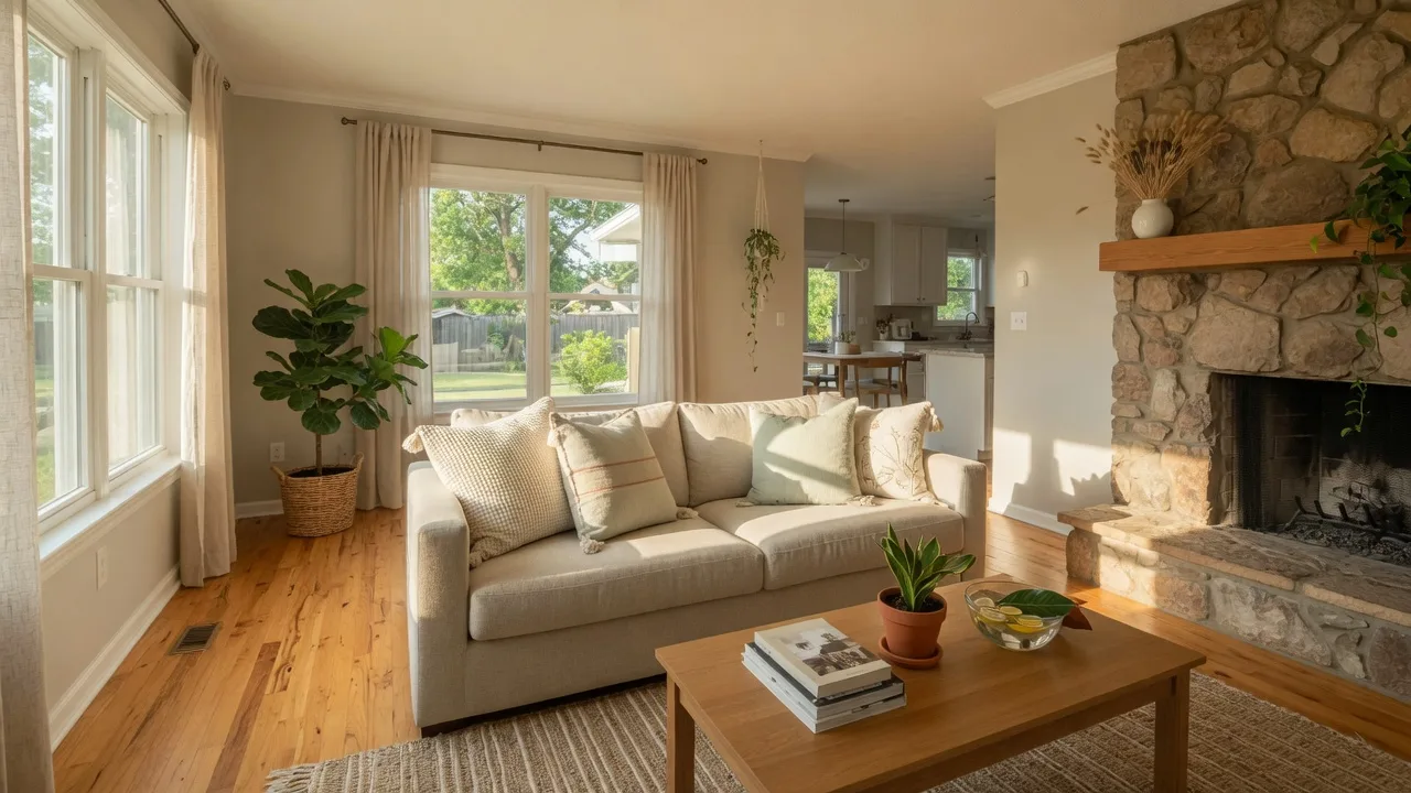 Bright staged open-concept living room with a linen sofa, stone fireplace, and large sunlit windows