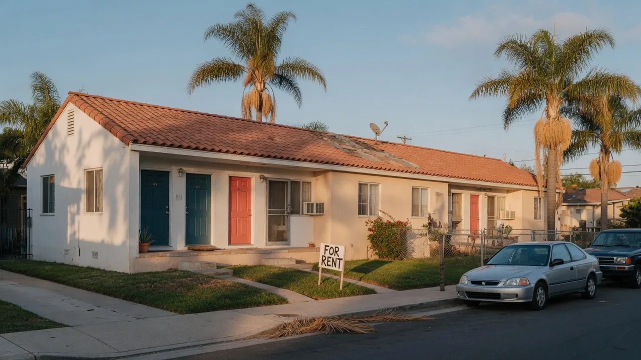 A classic two-door San Diego duplex with a small for-rent sign, tile roof, and palm trees in warm golden-hour light