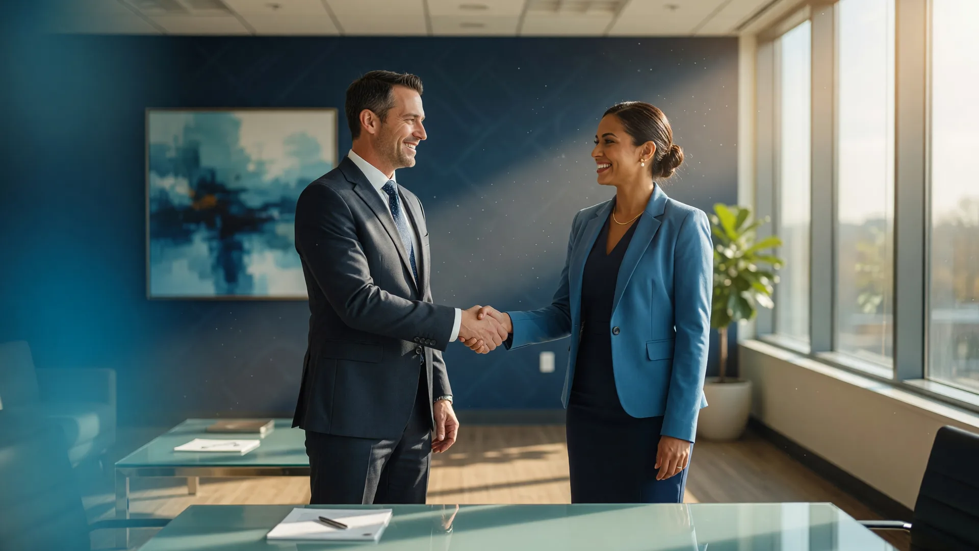 Two real estate professionals shaking hands in a bright modern Dayton Ohio office with floor-to-ceiling windows