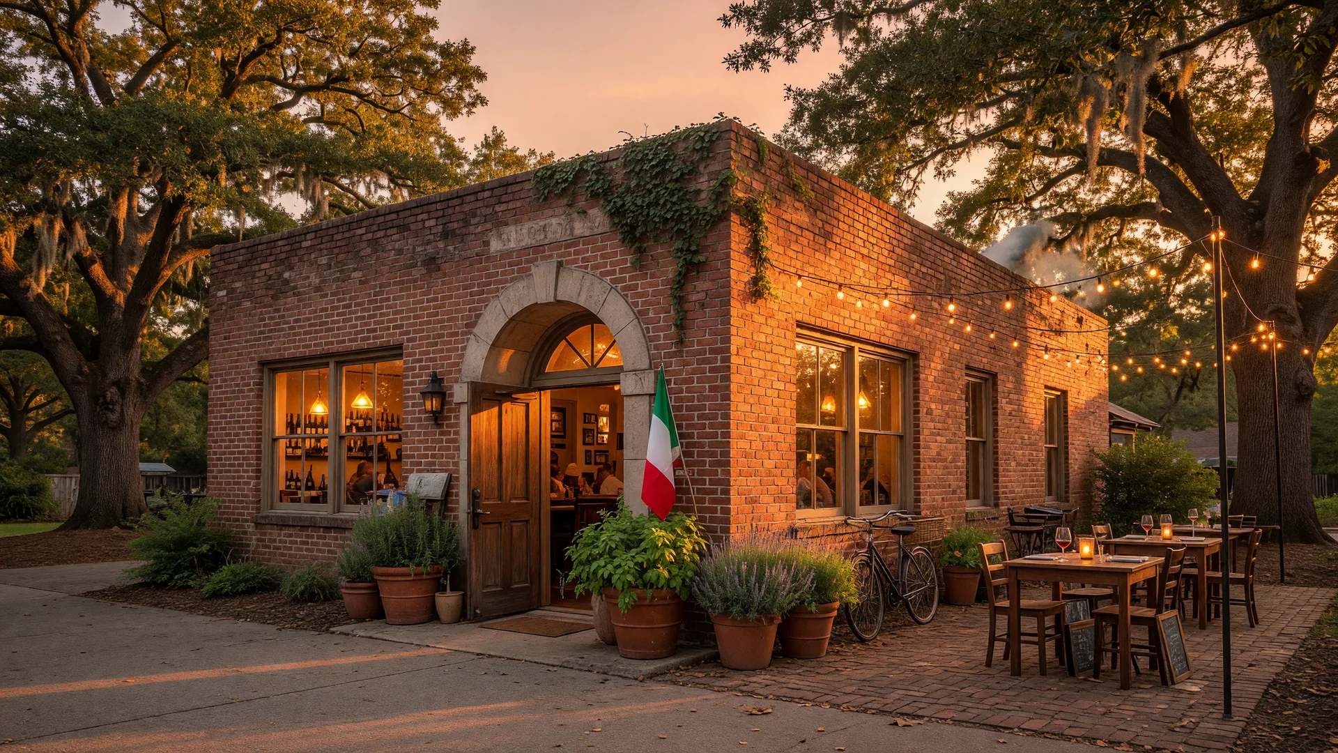 Warm inviting exterior of The Roman Oven Italian restaurant in Braselton Georgia with brick facade and patio seating under string lights at golden hour