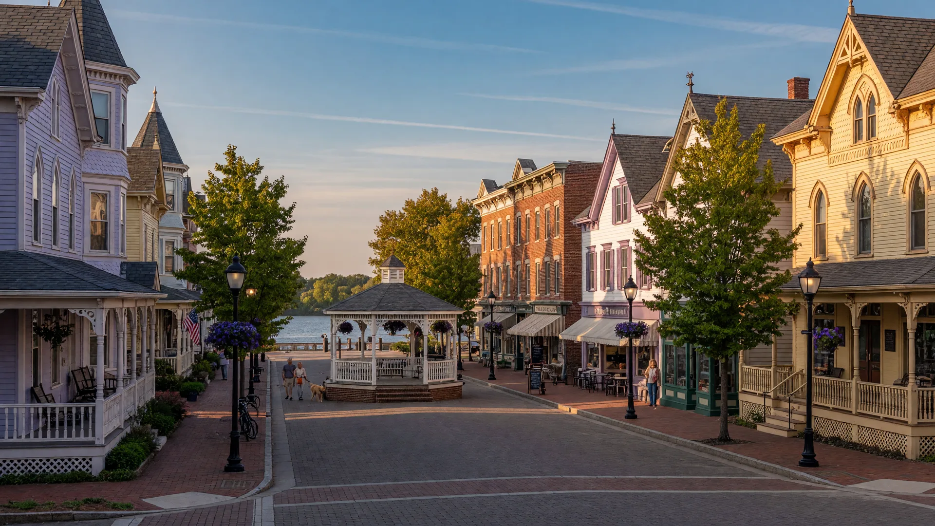 Historic Victorian Main Street in Riverton NJ with a white gazebo and mature trees on the Delaware River waterfront