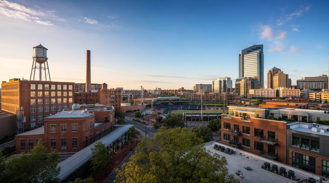 Downtown Durham skyline with American Tobacco Campus and One City Center