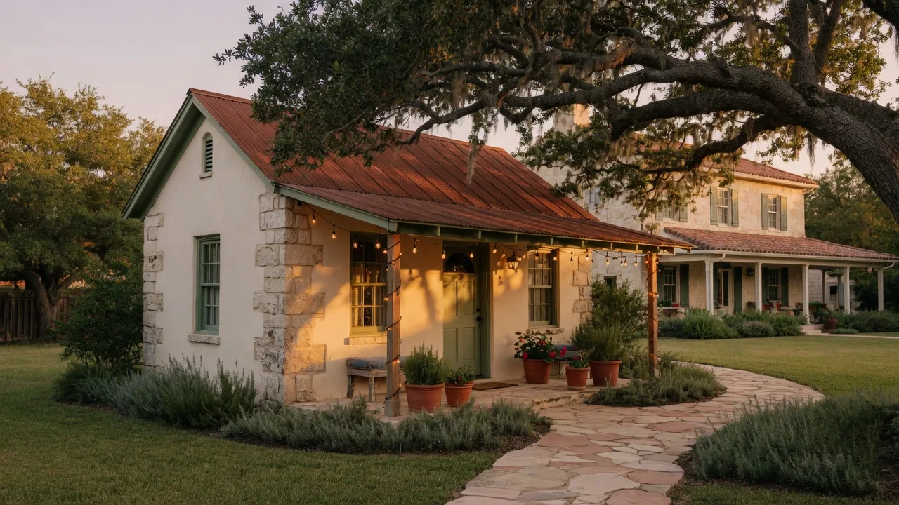 A cozy stone and stucco guest casita with a metal roof in a San Antonio backyard at golden hour, a popular San Antonio real estate addition, with string lights glowing by the door and a flagstone path under a live oak