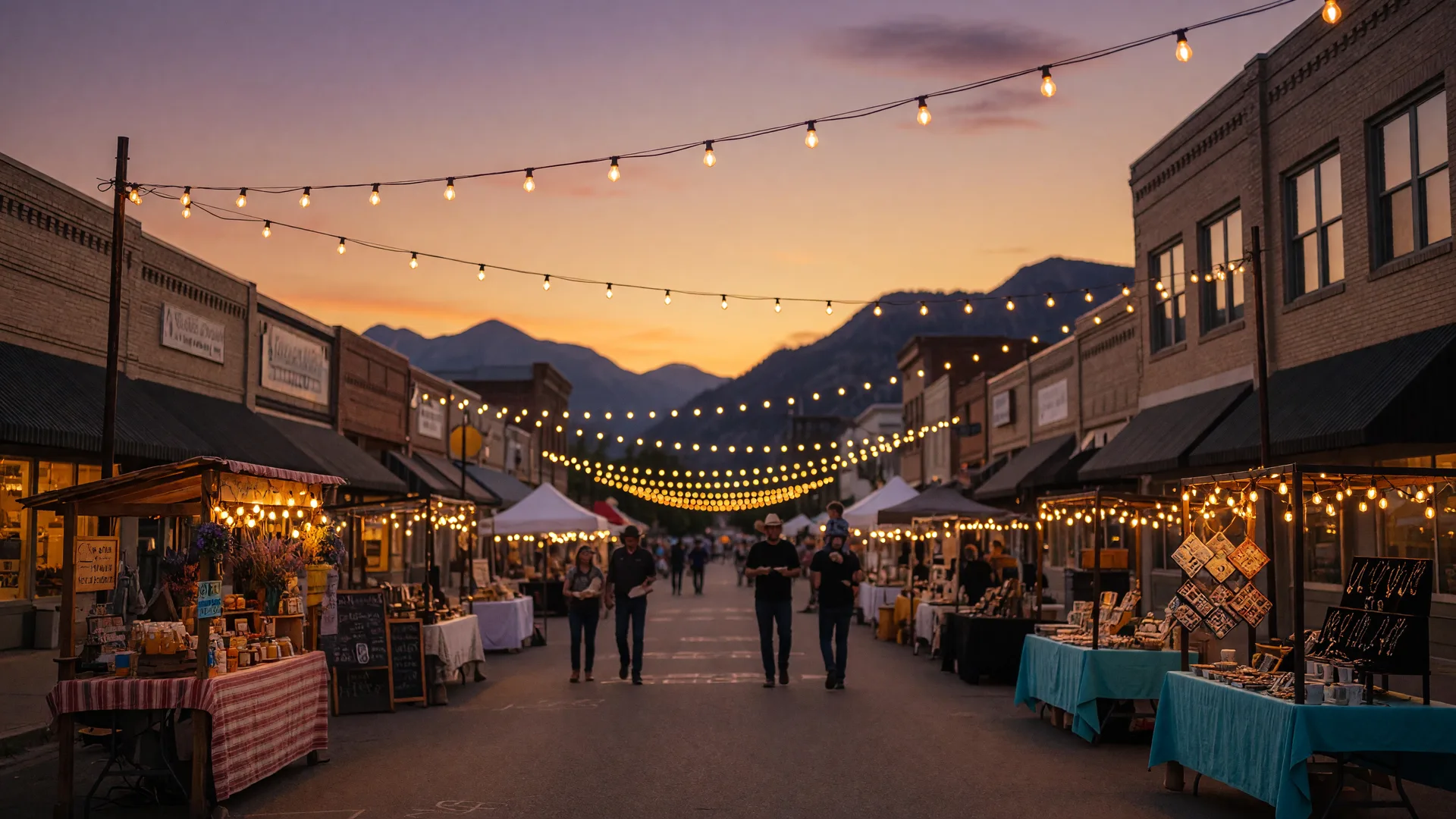 A small western downtown at a summer evening festival, string lights overhead, booths along the sidewalks, and mountains in the amber sky.