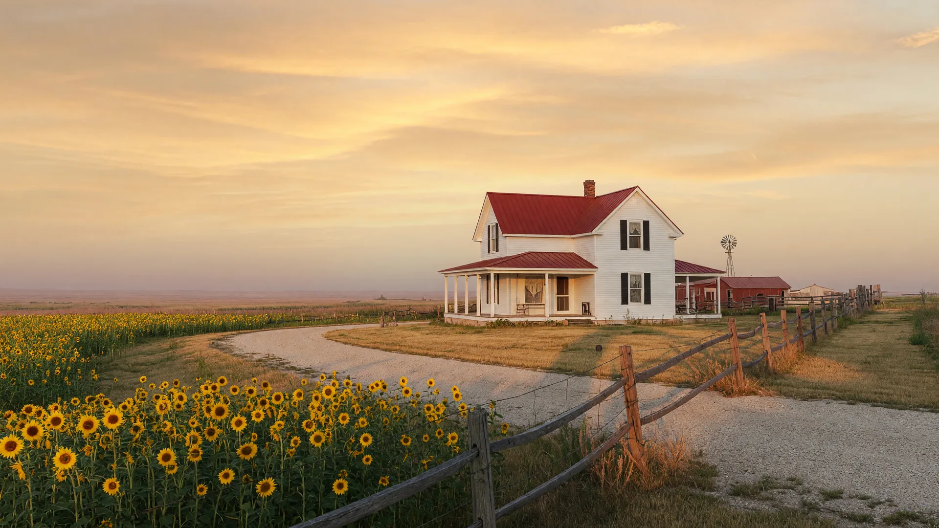 A white farmhouse on the South Dakota prairie at golden hour, sunflowers in the foreground