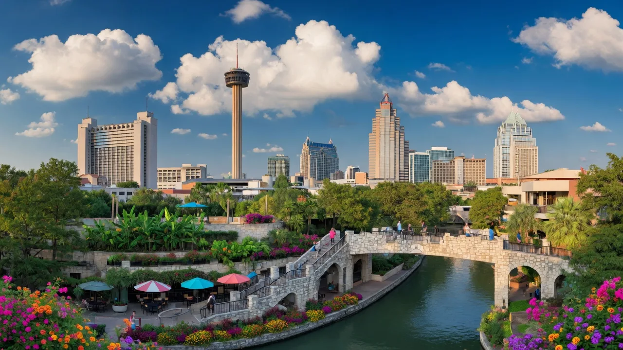 San Antonio skyline with Tower of the Americas and River Walk