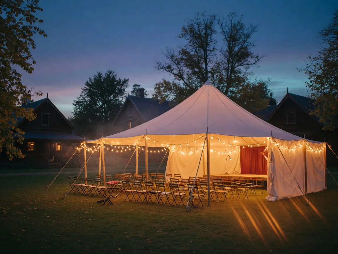 A glowing theatre tent with string lights and rows of folding chairs set up on a heritage museum village lawn at dusk in early autumn