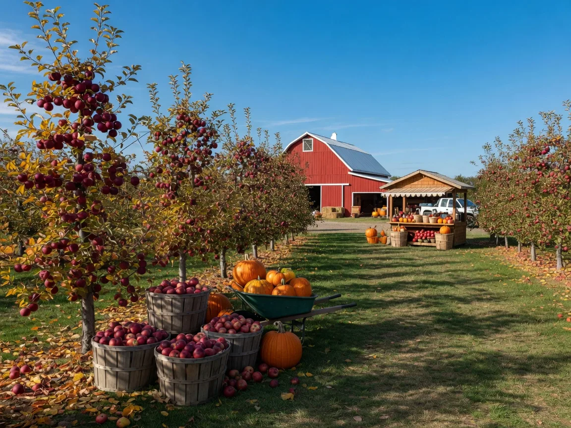 Rows of apple trees heavy with red fruit in a Midwestern orchard in mid-October, with wooden crates of apples, a wheelbarrow of pumpkins, and a red barn in the background