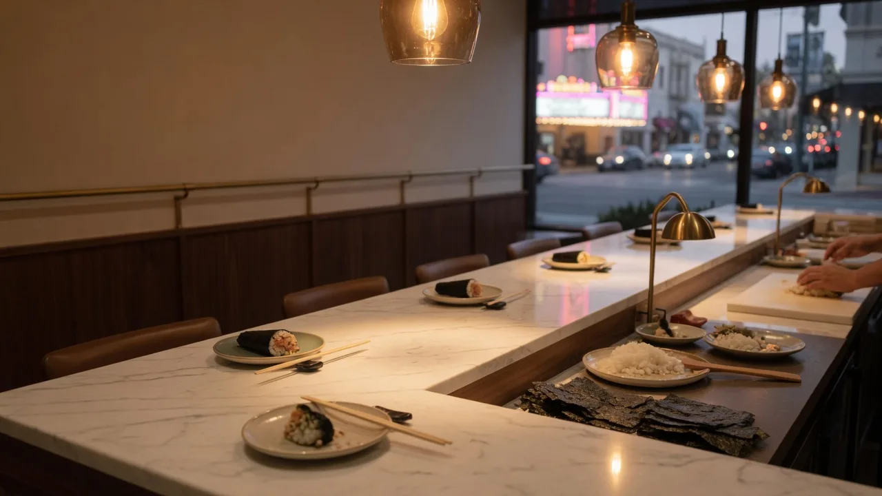 A warm evening shot of a marble hand-roll bar counter in Playhouse Village, Pasadena, with small plates, chopsticks, and amber pendant lighting