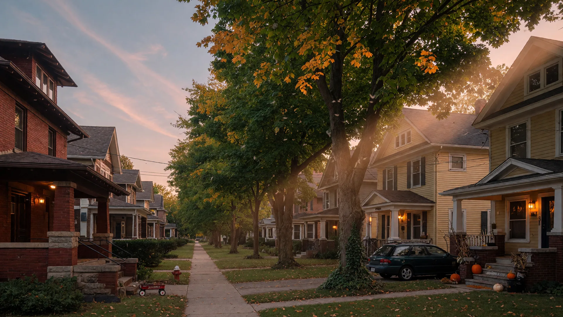 A classic Michigan tree-lined street at the first signs of fall, with warm porch lights glowing at golden hour