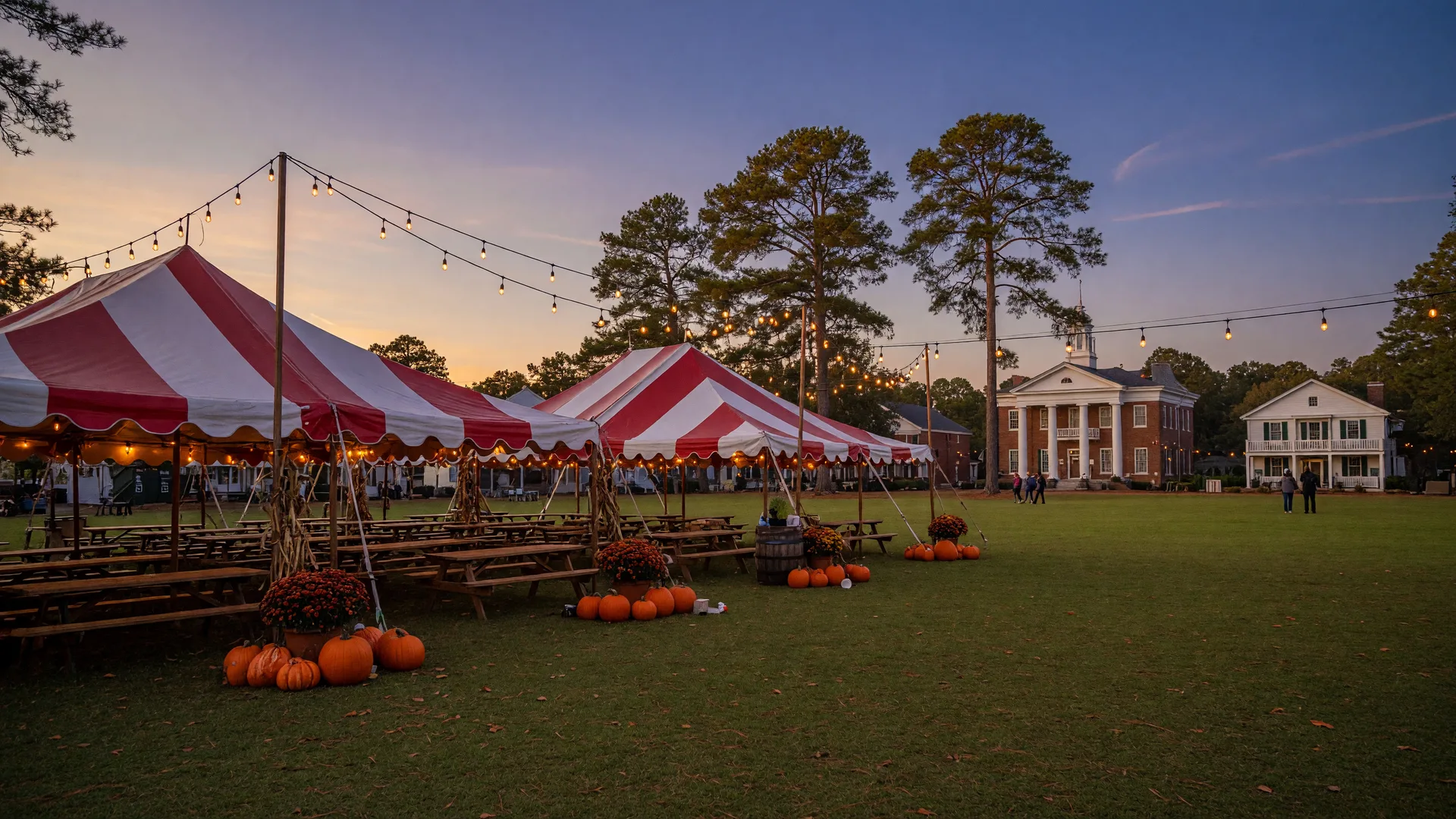 Oktoberfest tents, pumpkins and string lights on the Village Green in Pinehurst at dusk