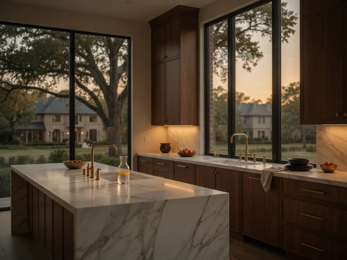 Renovated luxury kitchen in a Dallas estate home with marble island, walnut cabinetry, and warm evening light
