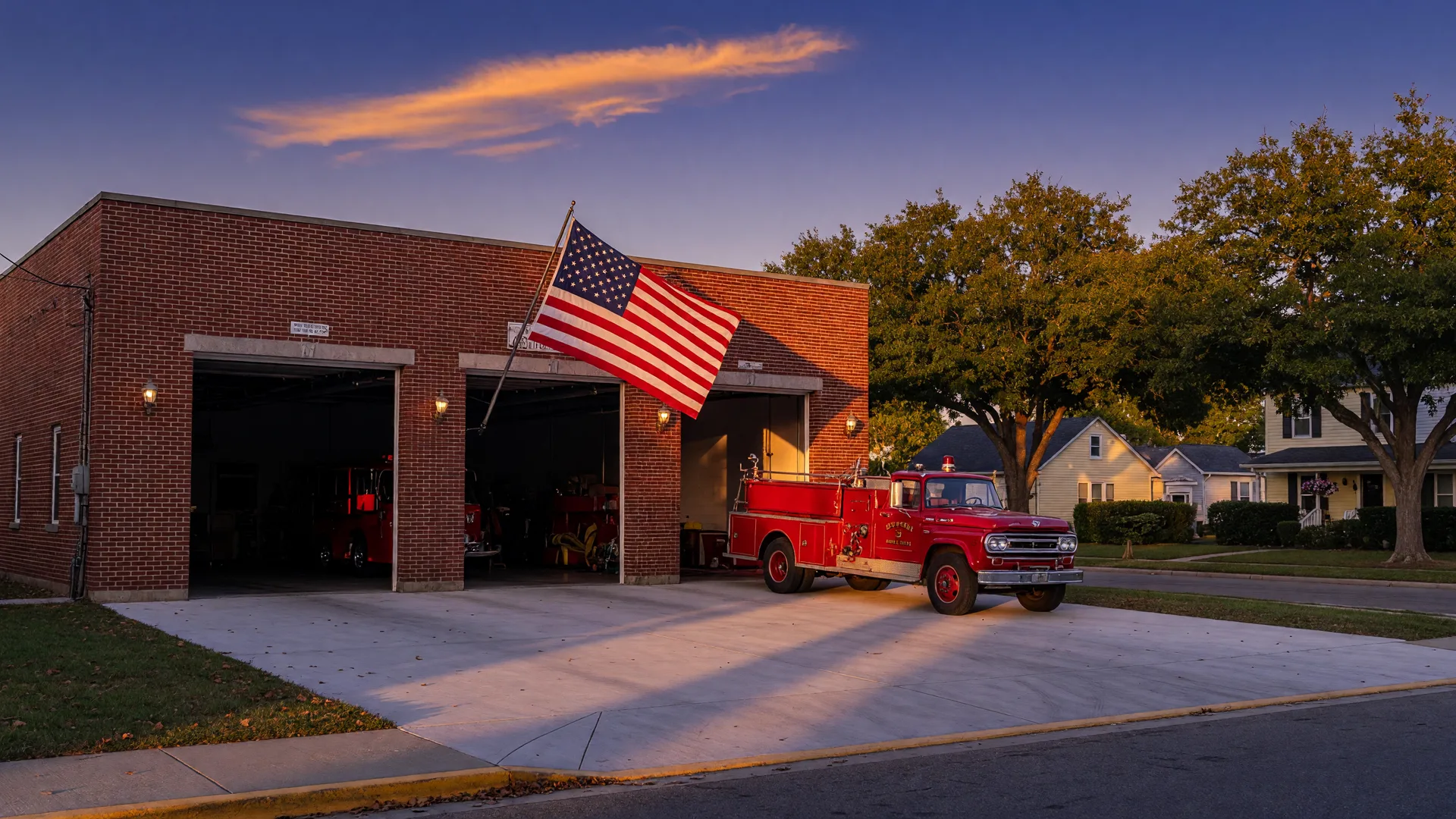 A classic American fire station at golden hour with a red fire engine and an American flag