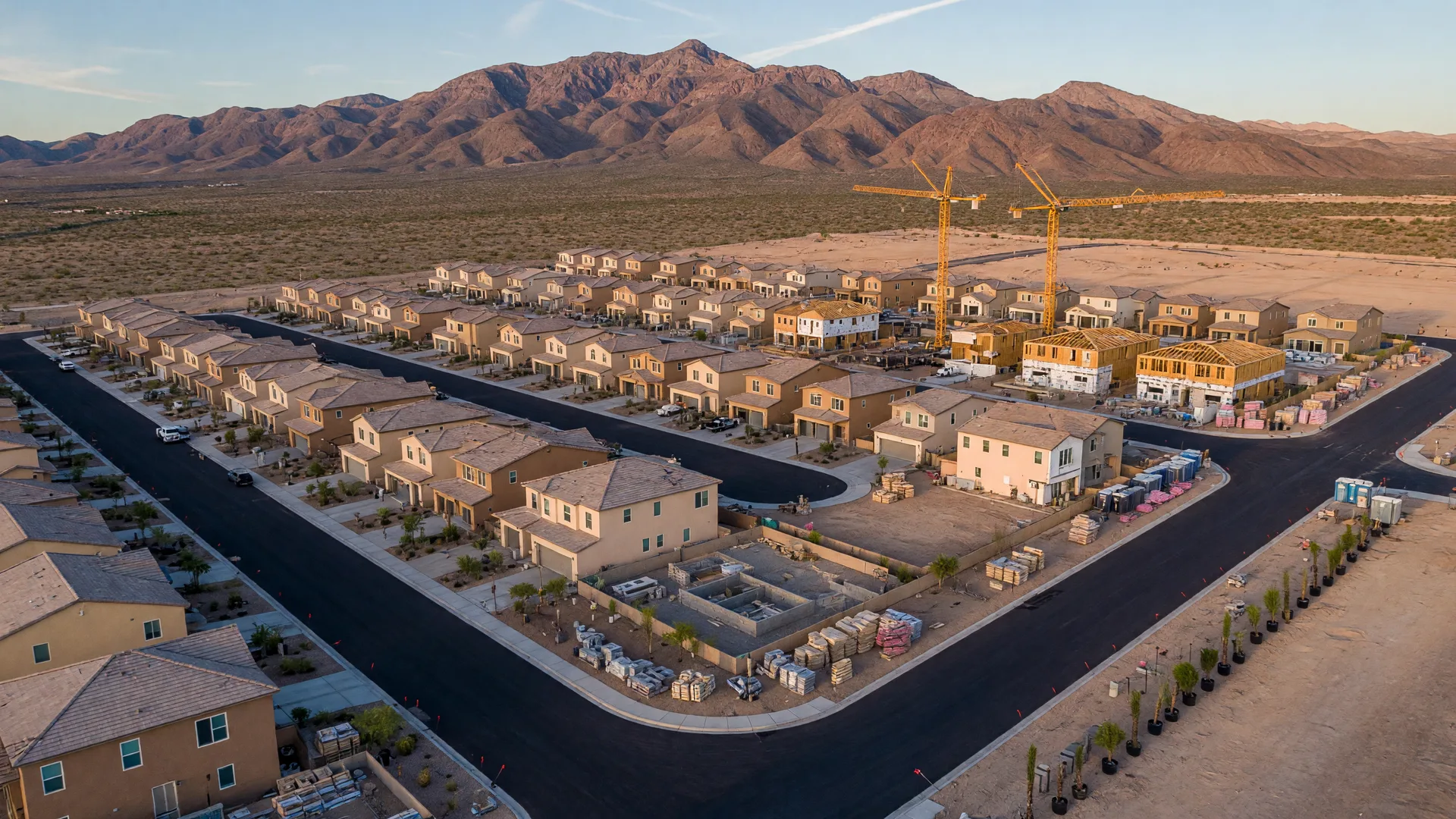Aerial view of new home construction in Southwest Las Vegas at golden hour with residential streets, cranes, and the Spring Mountains in the distance