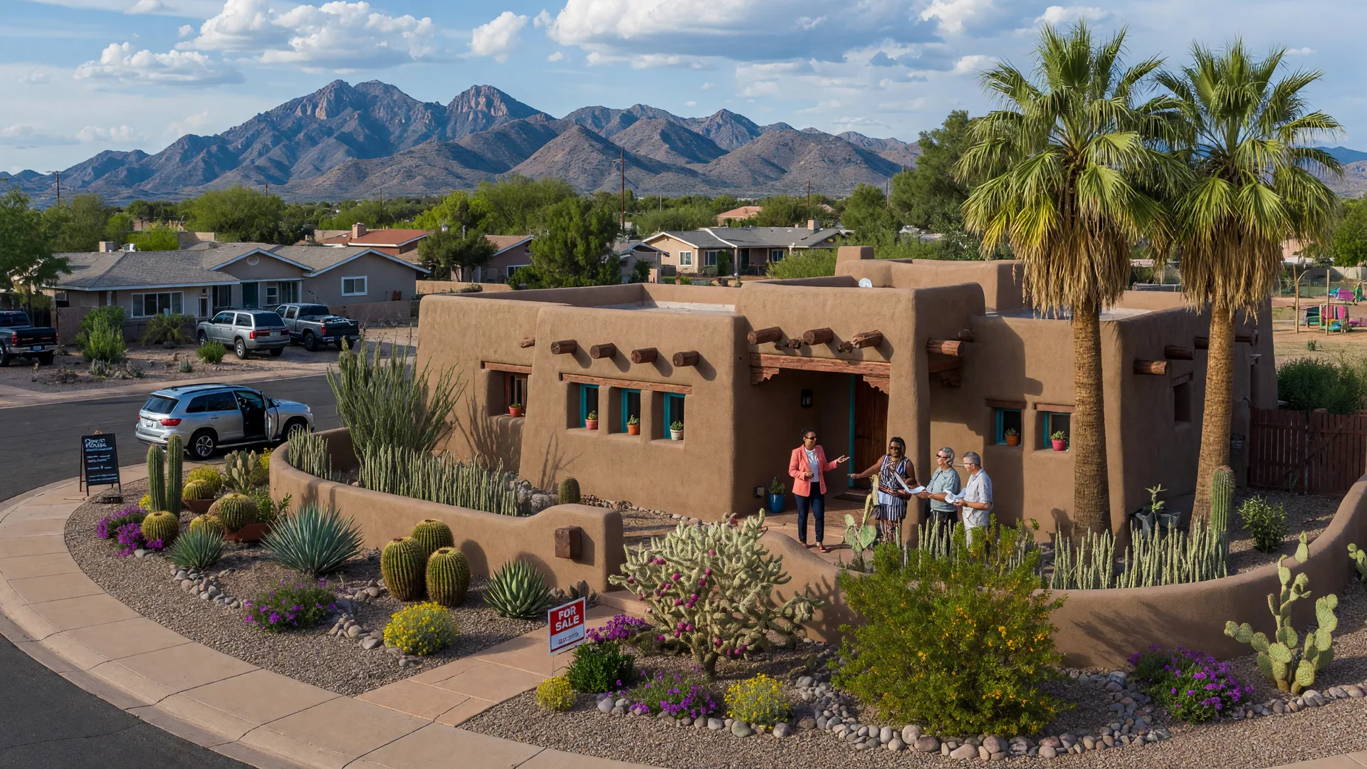Pueblo Revival style Arizona home with desert landscaping