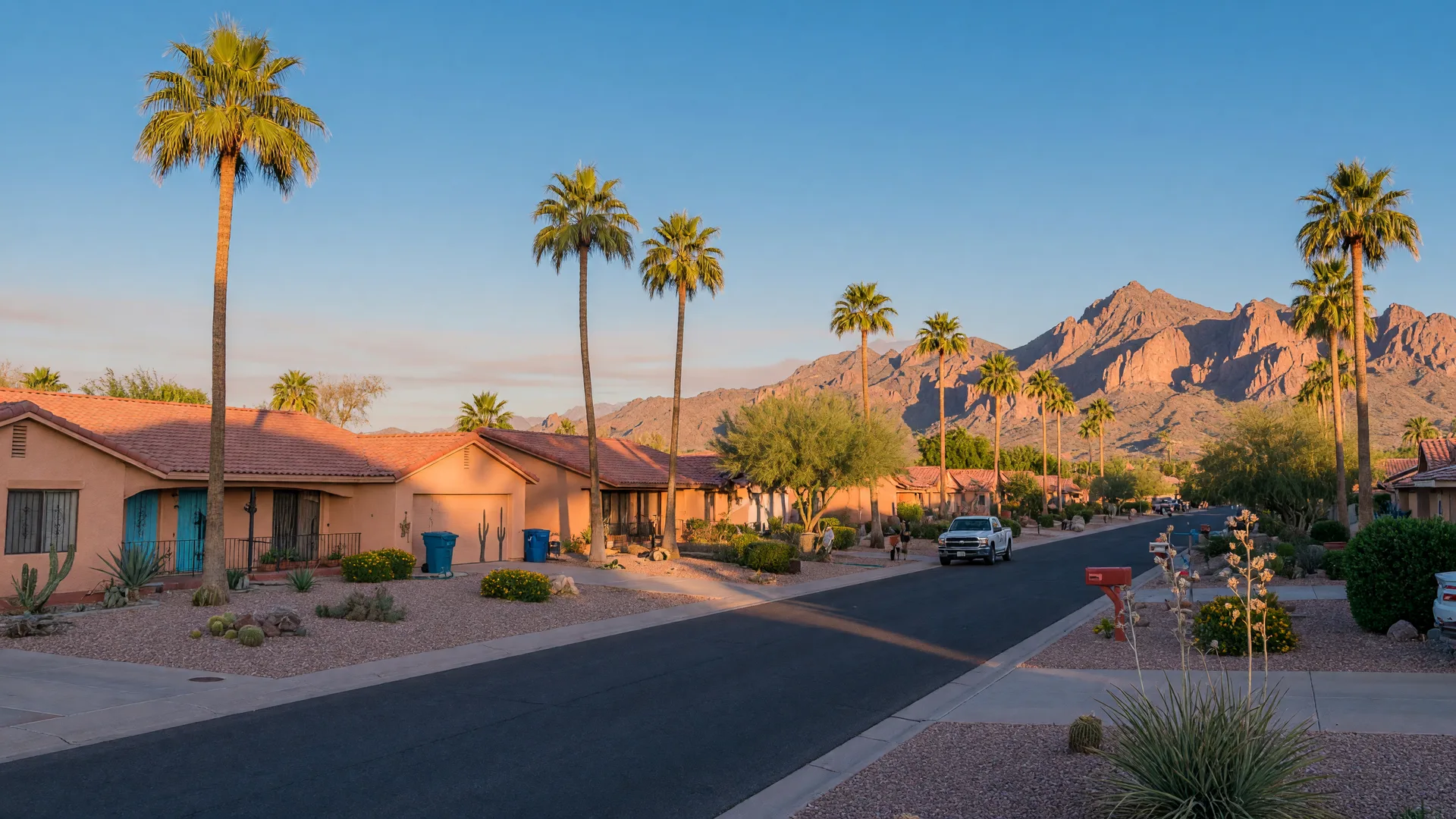 Residential street in Mesa Arizona in morning light with Southwestern homes, palm trees, and the Superstition Mountains on the horizon