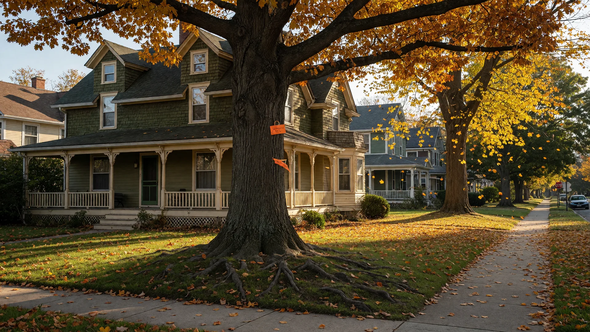 A stately mature oak tree with golden October leaves in front of a historic shingle-and-clapboard house on a tree-lined Montclair street, with a small township notification tag on a low branch