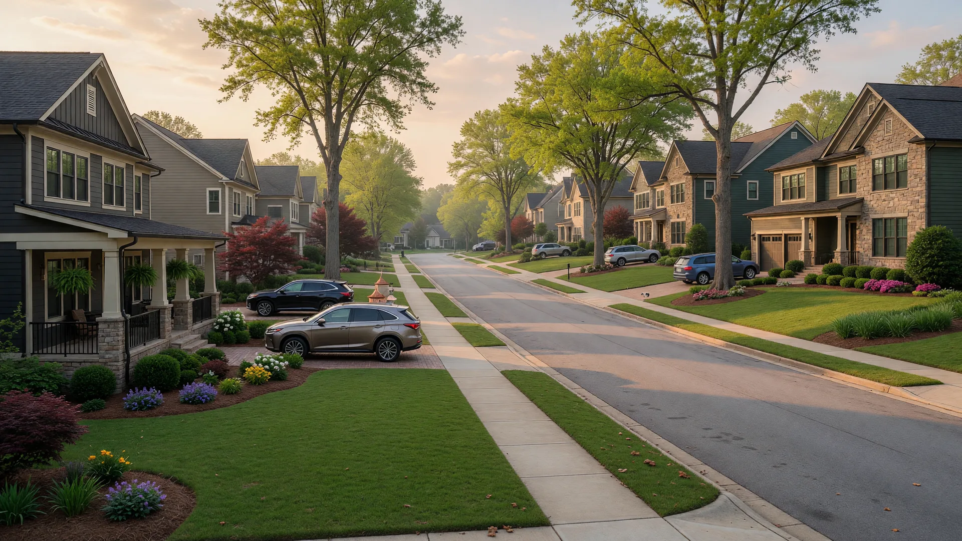 Tree-lined suburban street in an Atlanta-area planned community