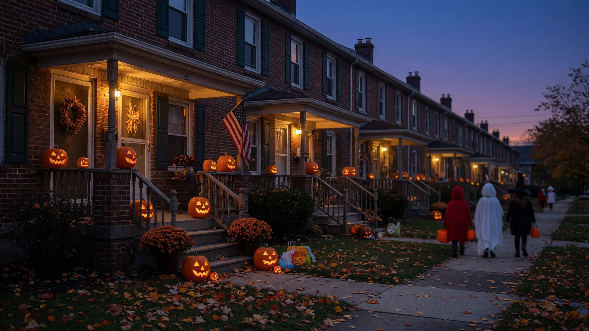 Brick twin homes on a North Catasauqua street on Halloween evening with glowing jack-o'-lanterns, orange mums, and warm porch lights against the blue-hour sky