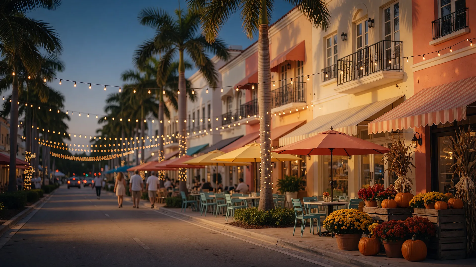 South Florida downtown avenue at golden hour with glowing string lights over Mediterranean storefronts, royal palm trees, sidewalk cafes, and fall planters of mums and pumpkins
