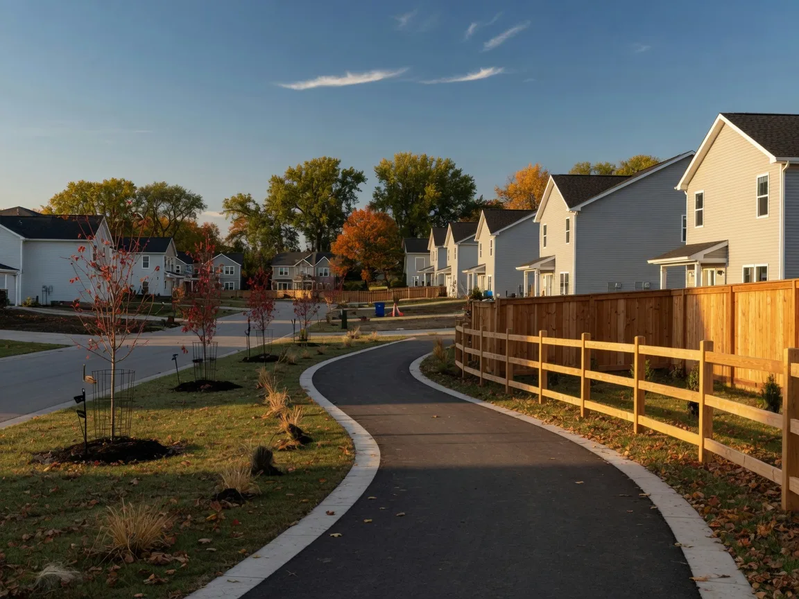 Golden-hour view of a paved multi-use trail curving through a new-construction neighborhood