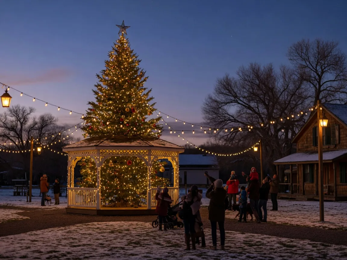 Glowing Christmas tree lighting in a small Nevada town park at dusk