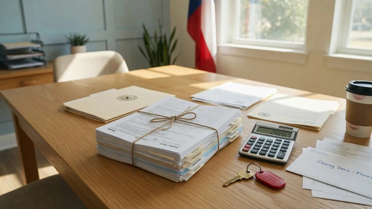 Bright Texas mortgage closing table with a stack of loan documents tied in twine, a calculator, and a house key