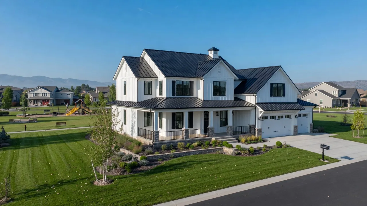 Modern farmhouse-style home in Nampa Idaho with board-and-batten siding and covered porch