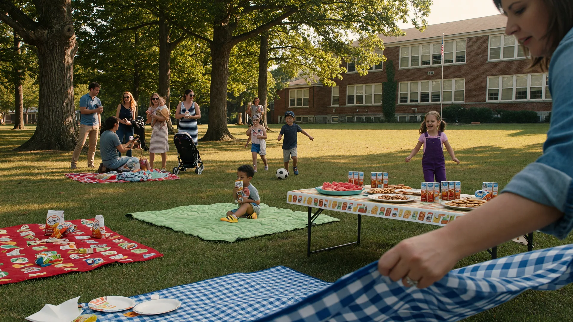 Families at the Rydal Elementary back-to-school picnic on the school lawn with picnic blankets and the red-brick schoolhouse in the background on a golden September afternoon