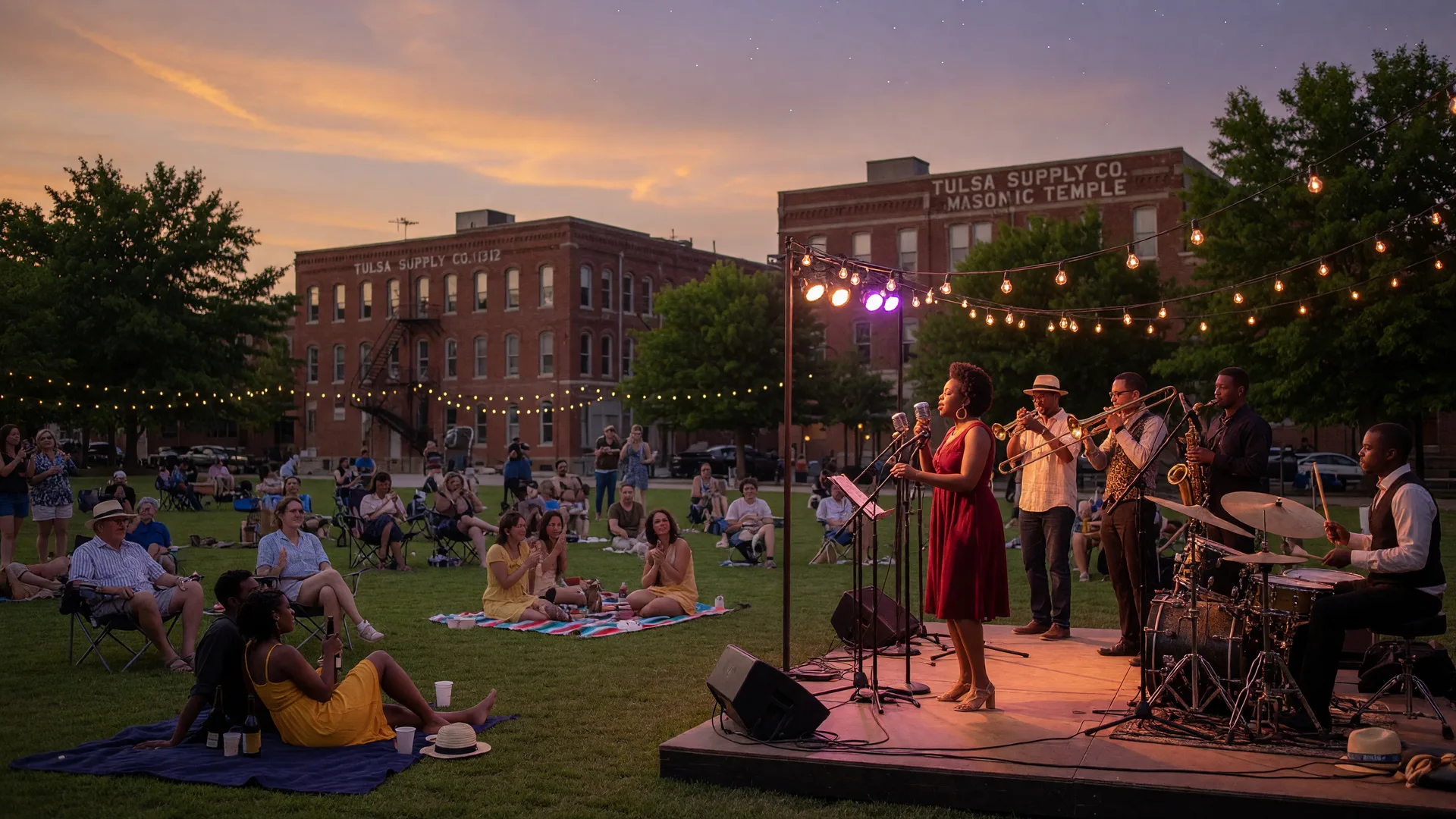 Outdoor jazz concert at Guthrie Green in Tulsa with a live band on stage and audience seated on the lawn at golden hour