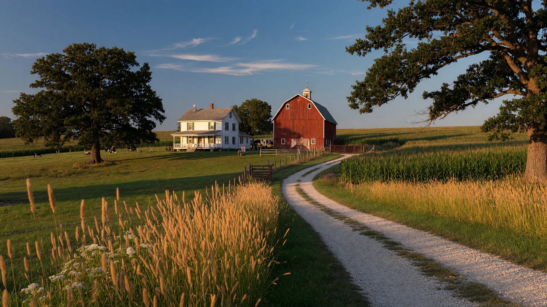 Rolling Wisconsin cornfields at golden hour with a red barn and white farmhouse