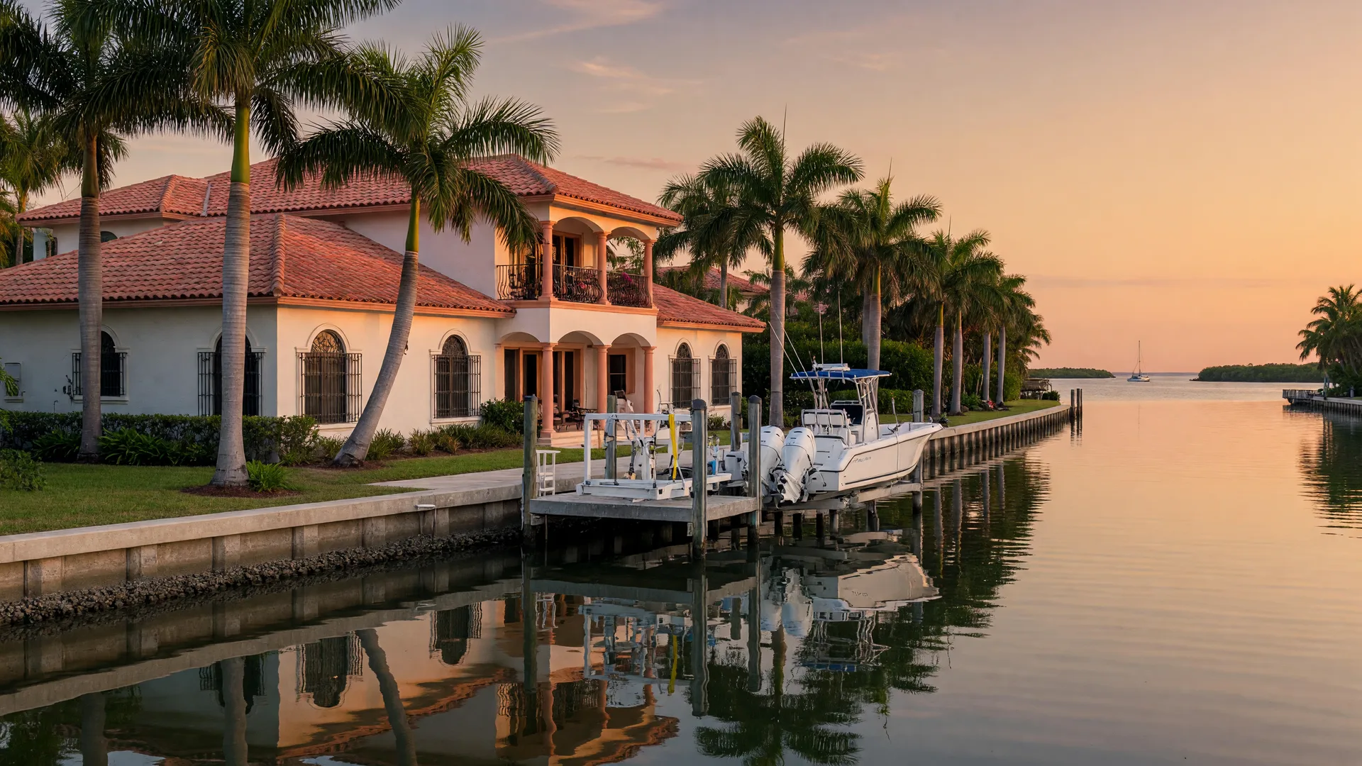 Mediterranean waterfront home in Naples, Florida on a Gulf-access canal with a private dock and boat lift, royal palms, and calm water at golden hour
