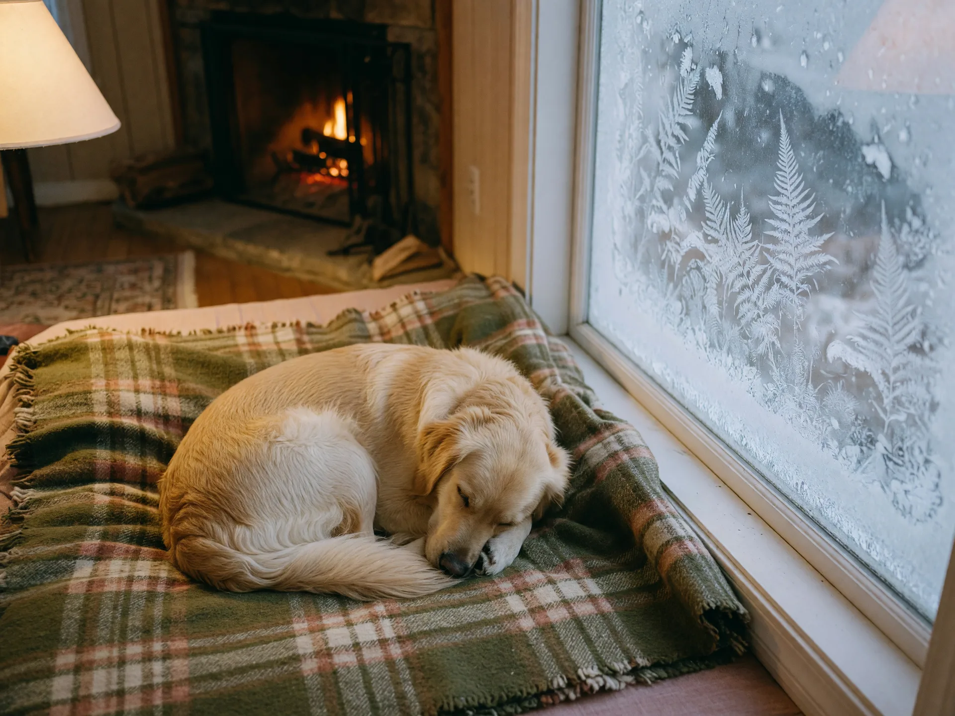 A golden retriever curled on a plaid blanket by a frosted window while a fireplace glows softly in the background