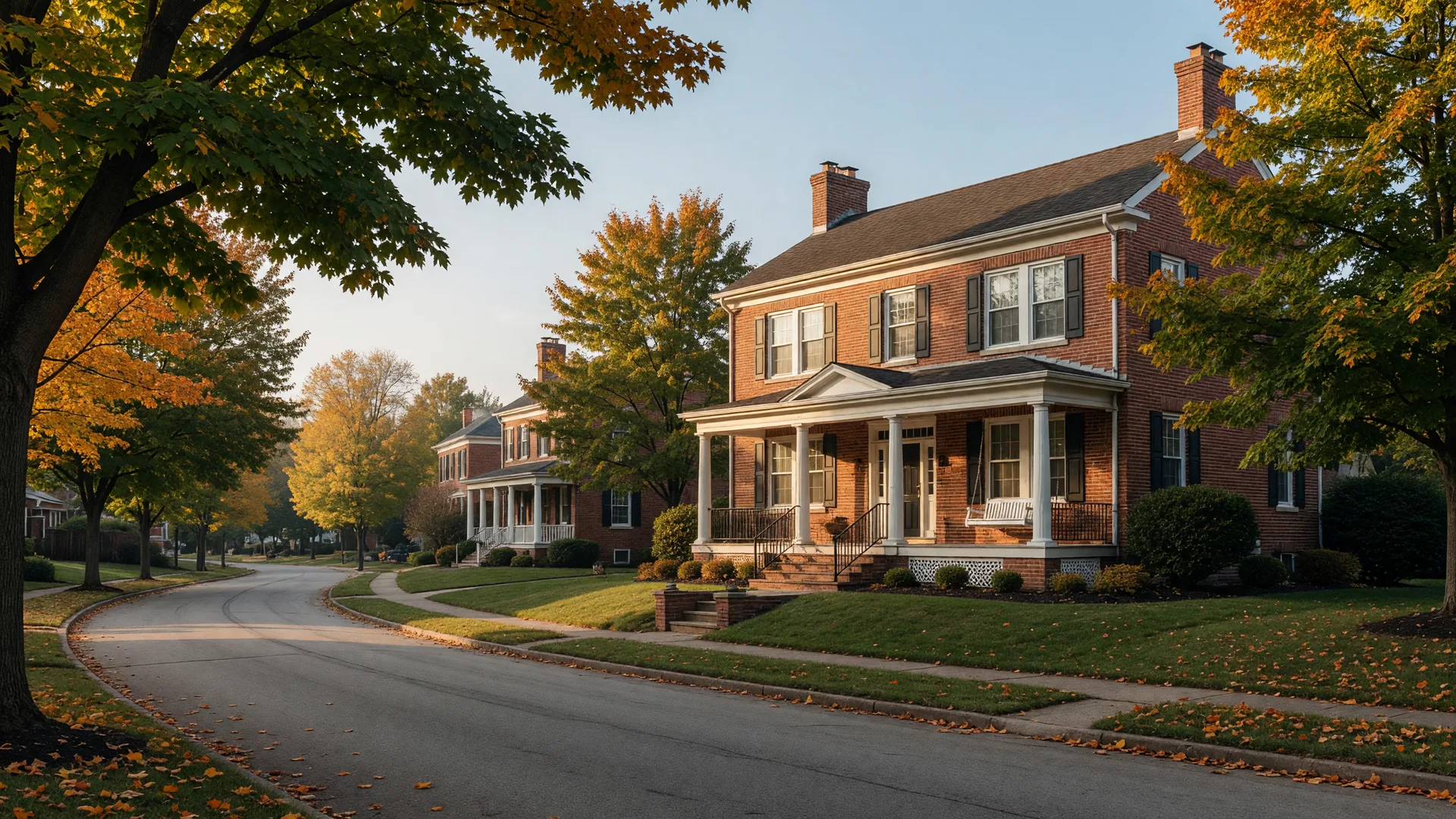 A two-story brick colonial home with a covered white-columned porch and manicured lawn on a tree-lined, gently curving street in West Chester, Ohio in warm early-autumn morning light