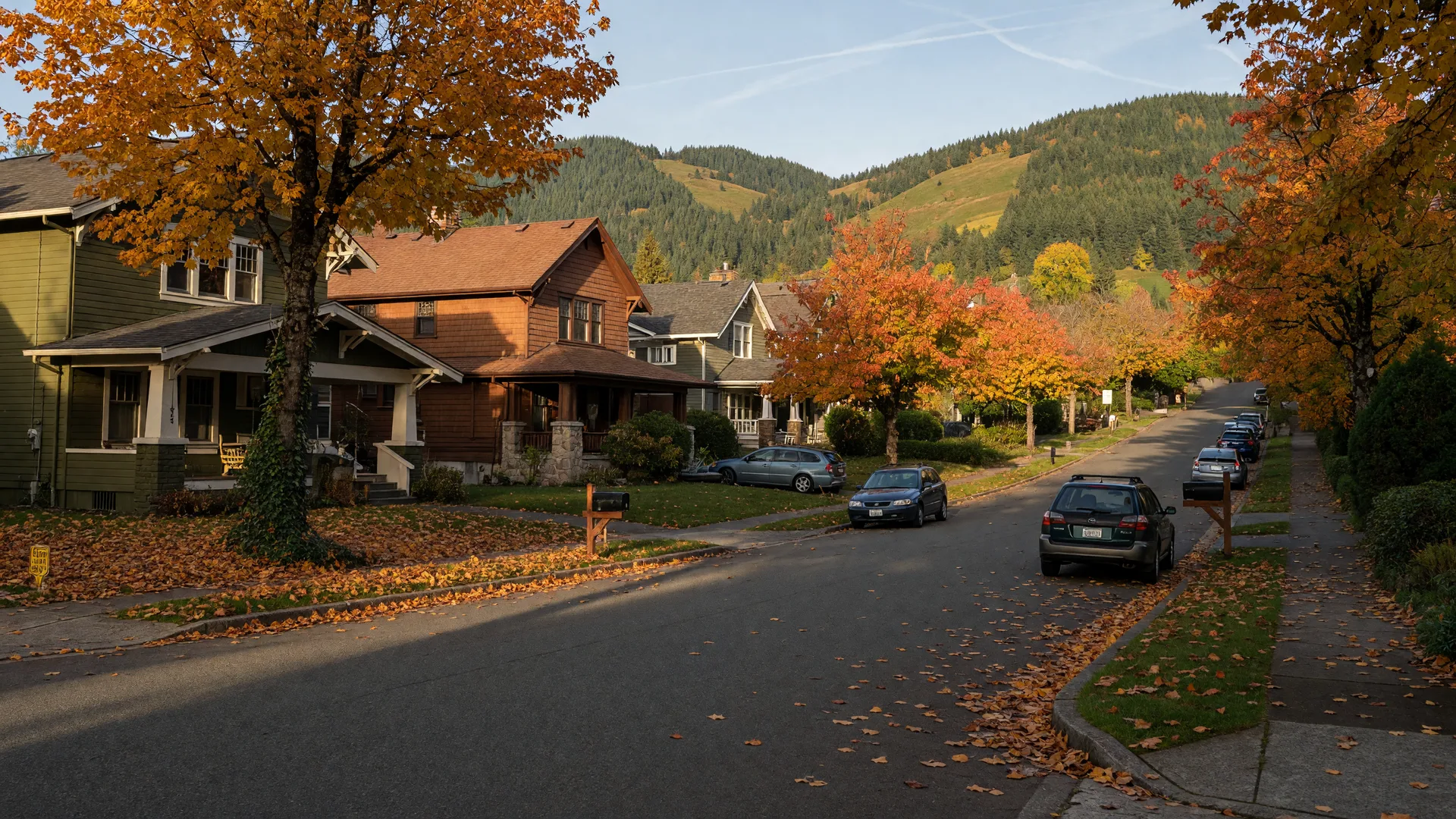 Quiet residential street in the Happy Valley hills with maple trees turning autumn colors
