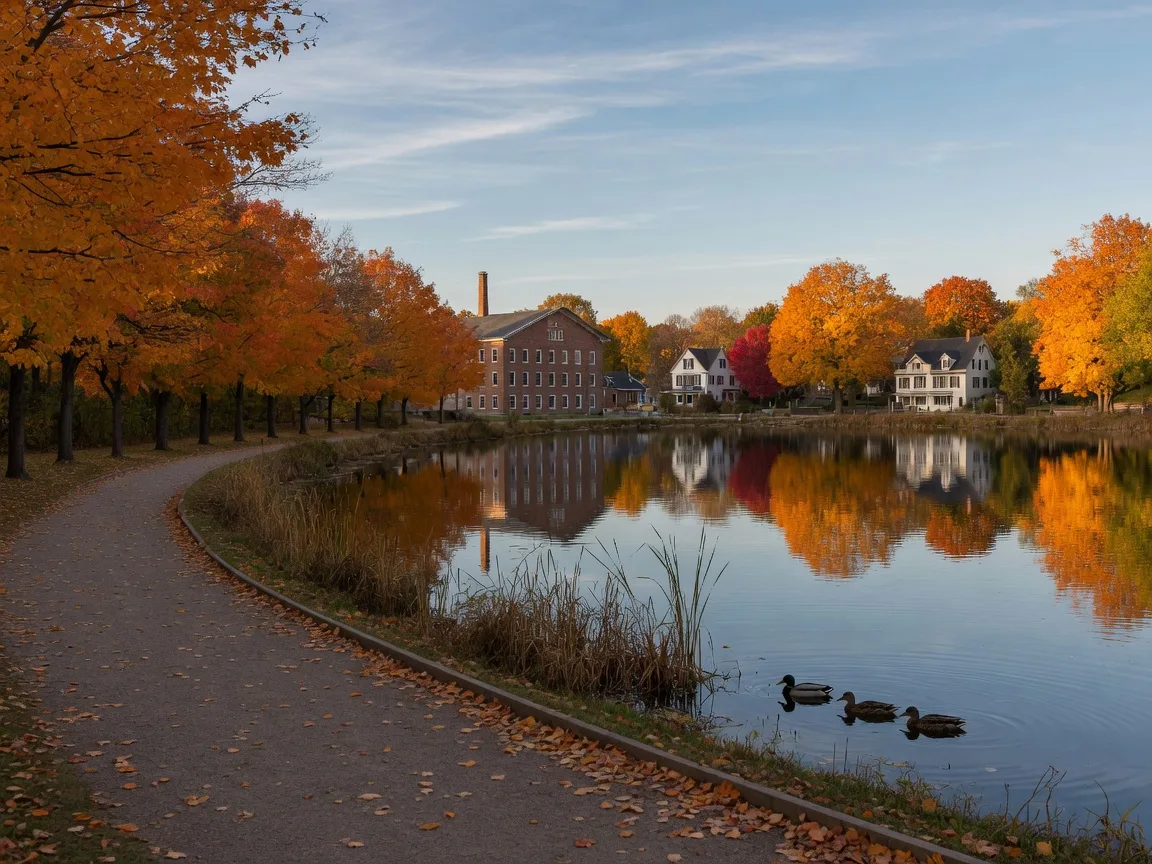 Elgin Pond in the heart of Uxbridge, Ontario in late October, with a heritage brick mill and vintage homes reflected in the still water, sugar maples in orange and gold along the bank, and the Elgin Park walking path beside the pond